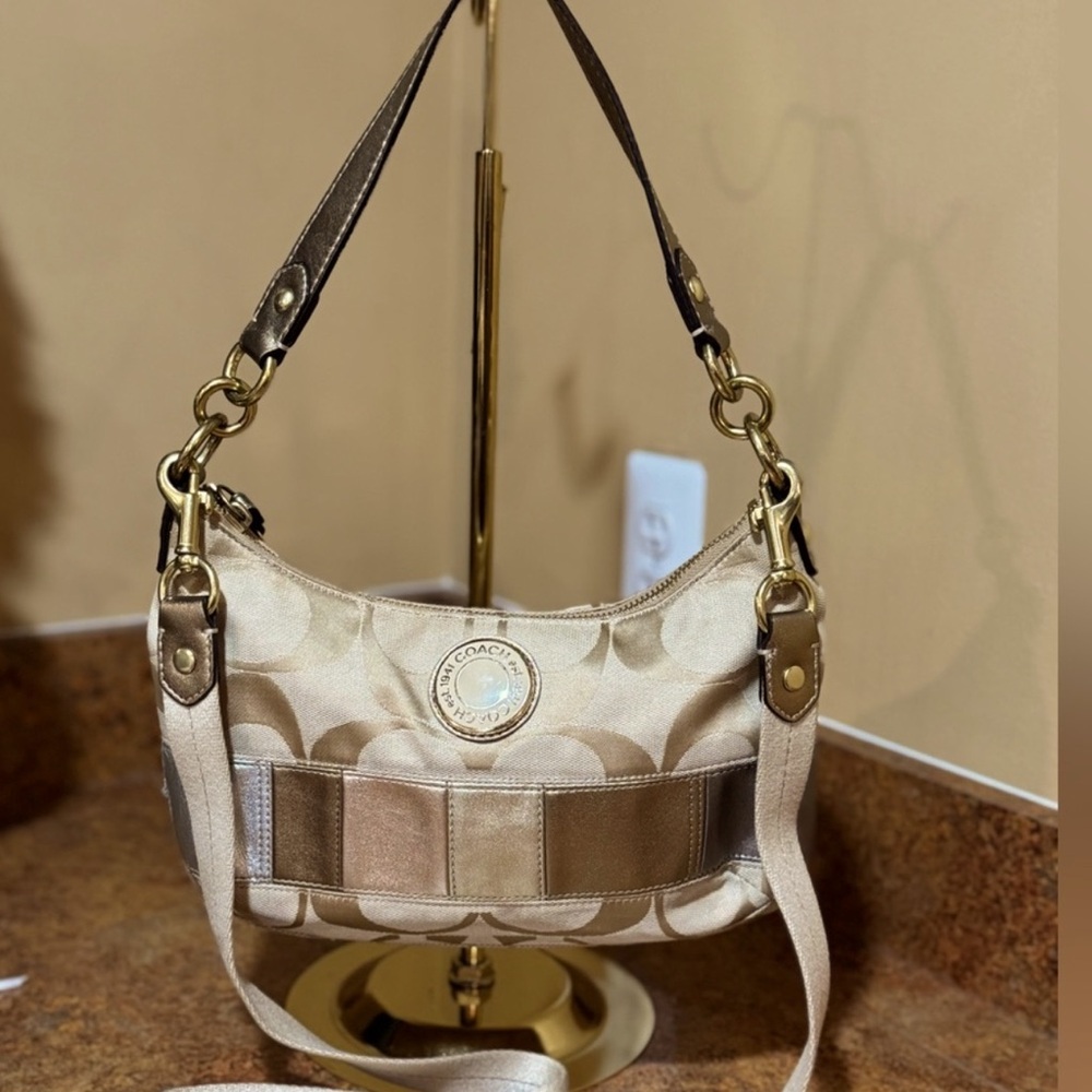 Coach Beige & Gold Women's Shoulder Bag with Crossbody Strap & Metallic …